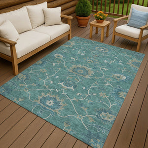 HomeRoots 5' Teal Blue and Ivory Floral Area Rug – Durable, Washable Design for Indoor & Outdoor Spaces! 657944