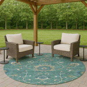 HomeRoots 8' Teal Blue Floral Area Rug - Machine-Washable, Durable Indoor/Outdoor Design for Stylish Spaces 657945