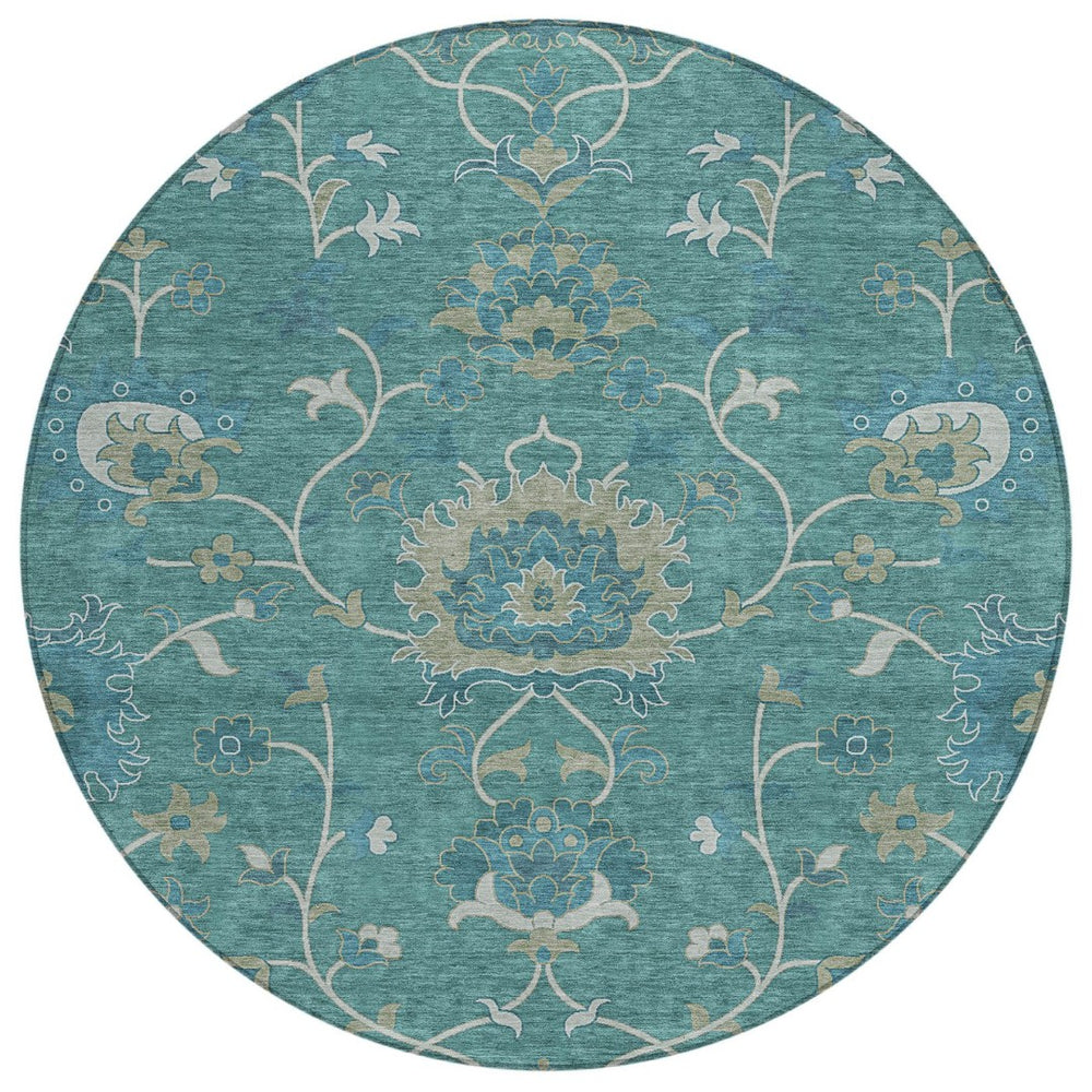 HomeRoots 8' Teal Blue Floral Area Rug - Machine-Washable, Durable Indoor/Outdoor Design for Stylish Spaces 657945