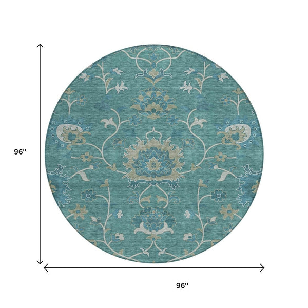 HomeRoots 8' Teal Blue Floral Area Rug - Machine-Washable, Durable Indoor/Outdoor Design for Stylish Spaces 657945