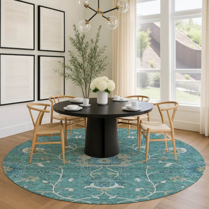 HomeRoots 8' Teal Blue Floral Area Rug - Machine-Washable, Durable Indoor/Outdoor Design for Stylish Spaces 657945