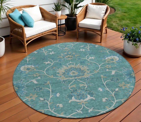 HomeRoots 8' Teal Blue Floral Area Rug - Machine-Washable, Durable Indoor/Outdoor Design for Stylish Spaces 657945