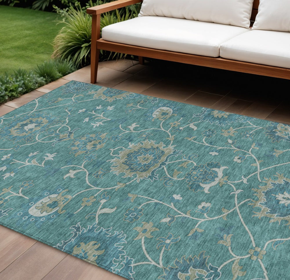 HomeRoots 8' X 10' Teal Blue & Ivory Floral Area Rug - Washable, Stain-Resistant for Indoor & Outdoor Use! 657946