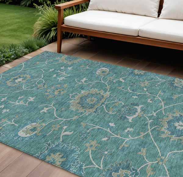 HomeRoots 8' X 10' Teal Blue & Ivory Floral Area Rug - Washable, Stain-Resistant for Indoor & Outdoor Use! 657946