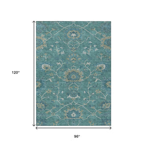 HomeRoots 8' X 10' Teal Blue & Ivory Floral Area Rug - Washable, Stain-Resistant for Indoor & Outdoor Use! 657946