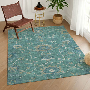 HomeRoots 8' X 10' Teal Blue & Ivory Floral Area Rug - Washable, Stain-Resistant for Indoor & Outdoor Use! 657946