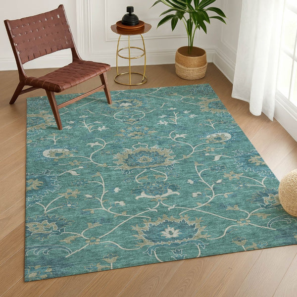 HomeRoots 8' X 10' Teal Blue & Ivory Floral Area Rug - Washable, Stain-Resistant for Indoor & Outdoor Use! 657946
