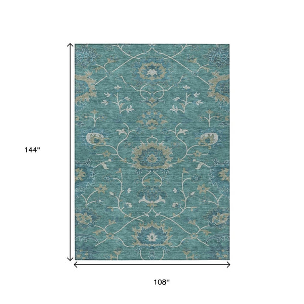 HomeRoots 9' X 12' Teal Blue Floral Area Rug - Washable, Durable, Indoor/Outdoor, Perfect for Homes with Pets! 657947