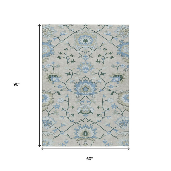 HomeRoots 5' Indoor Outdoor Area Rug - Beige Blue Ivory Floral Design, Durable & Washable for High Traffic Areas 657950