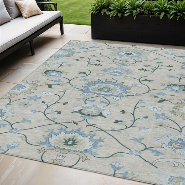 HomeRoots 5' Indoor Outdoor Area Rug - Beige Blue Ivory Floral Design, Durable & Washable for High Traffic Areas 657950