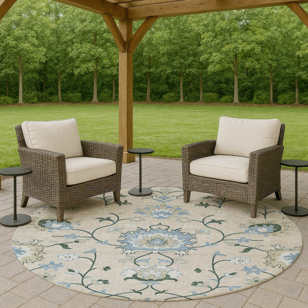 HomeRoots 8' Round Floral Indoor Outdoor Rug in Beige, Blue & Ivory - Durable, Washable & Stylish Design 657951