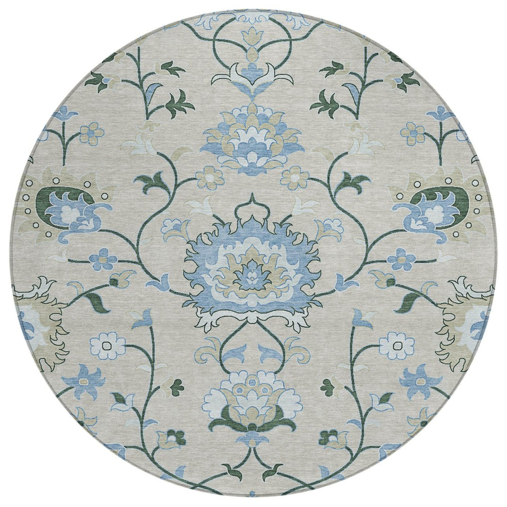 HomeRoots 8' Round Floral Indoor Outdoor Rug in Beige, Blue & Ivory - Durable, Washable & Stylish Design 657951