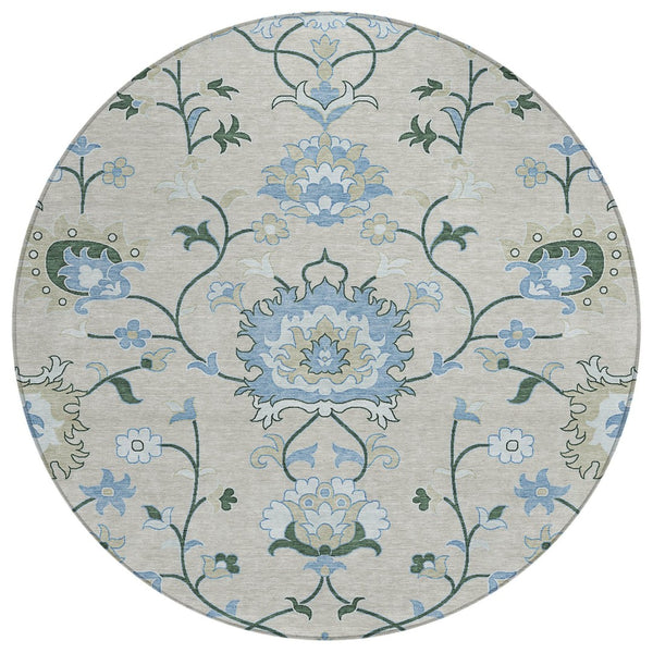 HomeRoots 8' Round Floral Indoor Outdoor Rug in Beige, Blue & Ivory - Durable, Washable & Stylish Design 657951
