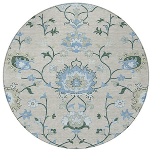 HomeRoots 8' Round Floral Indoor Outdoor Rug in Beige, Blue & Ivory - Durable, Washable & Stylish Design 657951