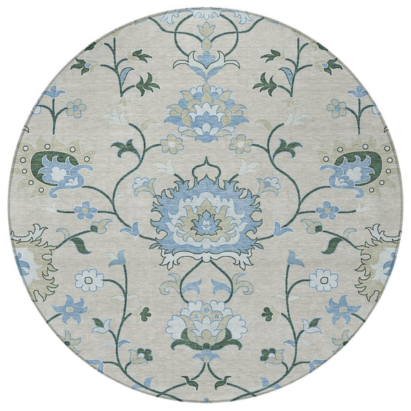 HomeRoots 8' Round Floral Indoor Outdoor Rug in Beige, Blue & Ivory - Durable, Washable & Stylish Design 657951