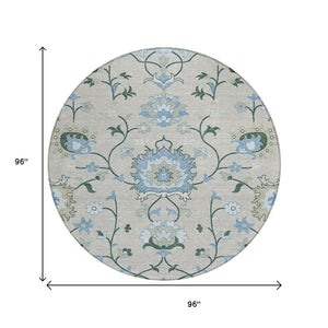 HomeRoots 8' Round Floral Indoor Outdoor Rug in Beige, Blue & Ivory - Durable, Washable & Stylish Design 657951