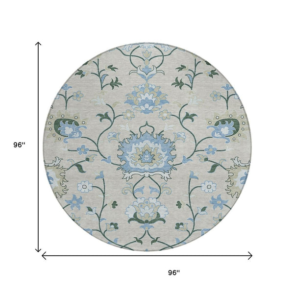 HomeRoots 8' Round Floral Indoor Outdoor Rug in Beige, Blue & Ivory - Durable, Washable & Stylish Design 657951