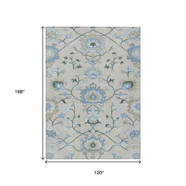 HomeRoots 10' Stylish Beige Blue Ivory Floral Indoor Outdoor Area Rug - Washable, Durable & Versatile Design 657954