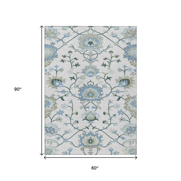 HomeRoots 5' X 8' Washable Floral Area Rug in Ivory, Blue & Beige - Perfect for Indoor & Outdoor Spaces! 657962