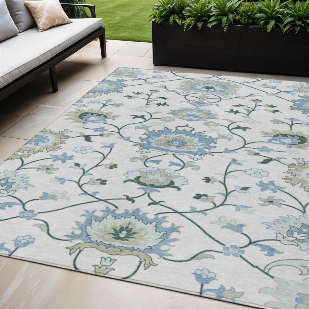 HomeRoots 5' X 8' Washable Floral Area Rug in Ivory, Blue & Beige - Perfect for Indoor & Outdoor Spaces! 657962