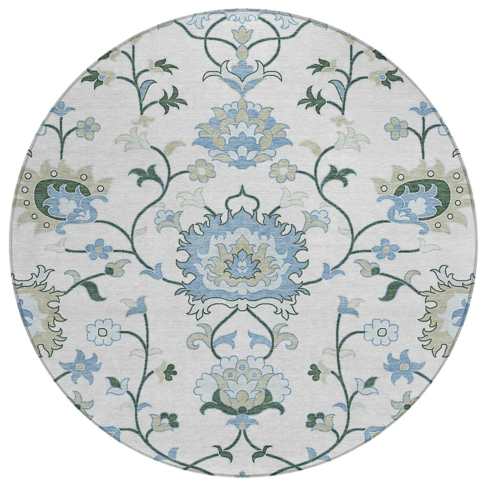 HomeRoots 8' Round Floral Area Rug in Ivory, Blue & Beige - Washable, Durable for Indoor & Outdoor Use! 657963