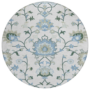 HomeRoots 8' Round Floral Area Rug in Ivory, Blue & Beige - Washable, Durable for Indoor & Outdoor Use! 657963