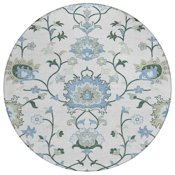 HomeRoots 8' Round Floral Area Rug in Ivory, Blue & Beige - Washable, Durable for Indoor & Outdoor Use! 657963