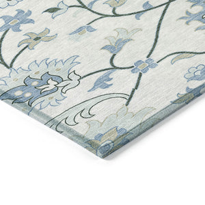 HomeRoots 8' Round Floral Area Rug in Ivory, Blue & Beige - Washable, Durable for Indoor & Outdoor Use! 657963