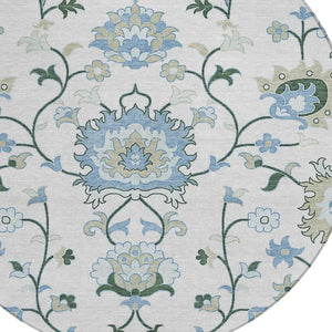 HomeRoots 8' Round Floral Area Rug in Ivory, Blue & Beige - Washable, Durable for Indoor & Outdoor Use! 657963