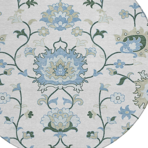 HomeRoots 8' Round Floral Area Rug in Ivory, Blue & Beige - Washable, Durable for Indoor & Outdoor Use! 657963