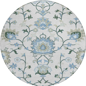 HomeRoots 8' Round Floral Area Rug in Ivory, Blue & Beige - Washable, Durable for Indoor & Outdoor Use! 657963