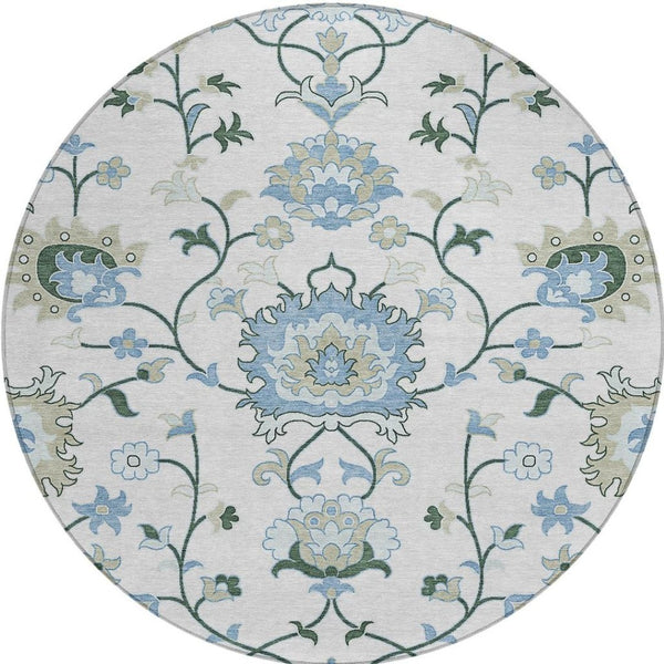 HomeRoots 8' Round Floral Area Rug in Ivory, Blue & Beige - Washable, Durable for Indoor & Outdoor Use! 657963