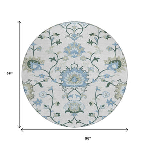 HomeRoots 8' Round Floral Area Rug in Ivory, Blue & Beige - Washable, Durable for Indoor & Outdoor Use! 657963