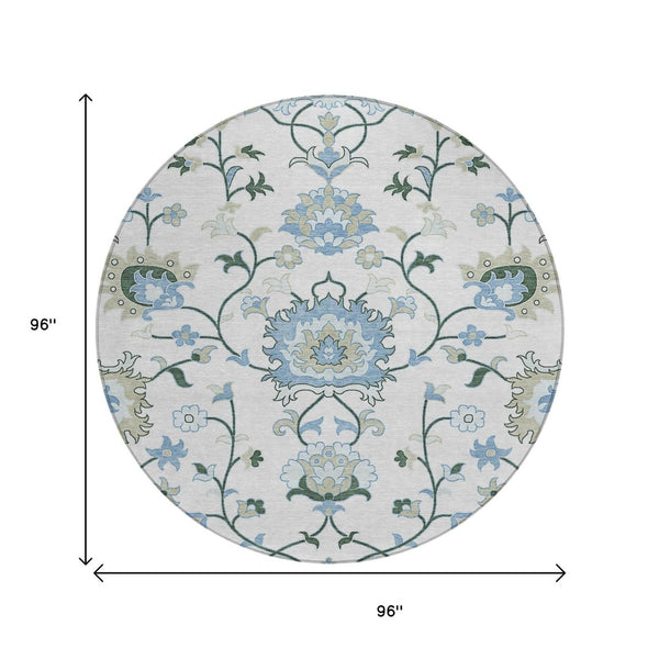 HomeRoots 8' Round Floral Area Rug in Ivory, Blue & Beige - Washable, Durable for Indoor & Outdoor Use! 657963