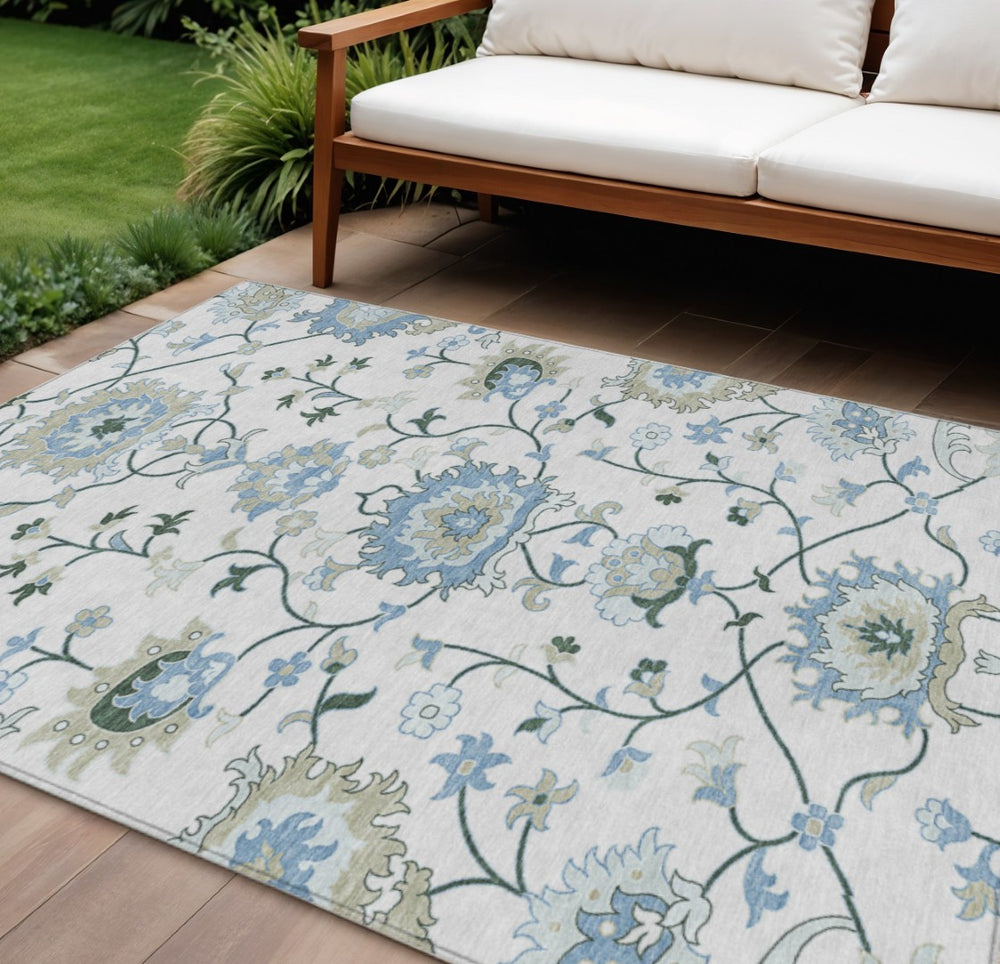 HomeRoots 8' X 10' Ivory Blue Beige Floral Washable Rug – Durable Indoor/Outdoor, Stain-Resistant, Easy Care! 657964