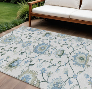 HomeRoots 8' X 10' Ivory Blue Beige Floral Washable Rug – Durable Indoor/Outdoor, Stain-Resistant, Easy Care! 657964