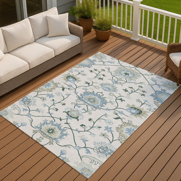 HomeRoots 8' X 10' Ivory Blue Beige Floral Washable Rug – Durable Indoor/Outdoor, Stain-Resistant, Easy Care! 657964