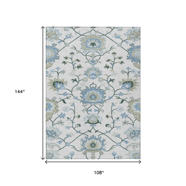 HomeRoots 9' X 12' Floral Area Rug in Ivory, Blue & Beige - Durable, Washable for Indoor and Outdoor Spaces 657965