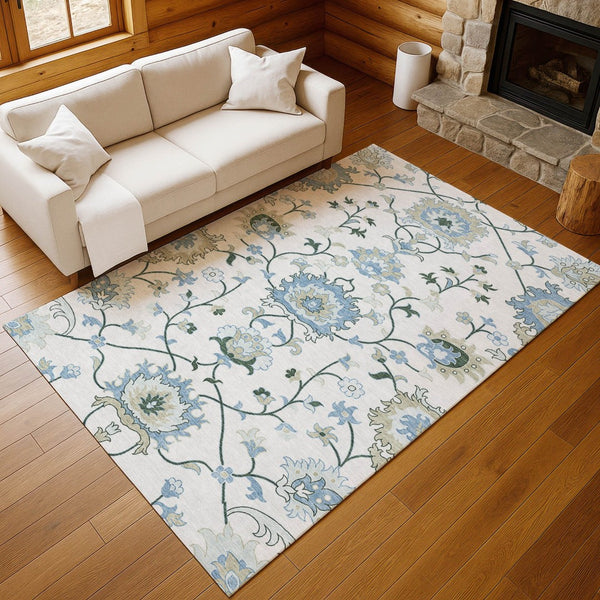HomeRoots 9' X 12' Floral Area Rug in Ivory, Blue & Beige - Durable, Washable for Indoor and Outdoor Spaces 657965