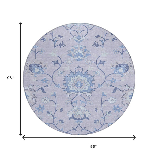 HomeRoots 8' Lilac and Ivory Round Floral Area Rug - Durable, Washable, Stylish for Indoor & Outdoor Use! 657969