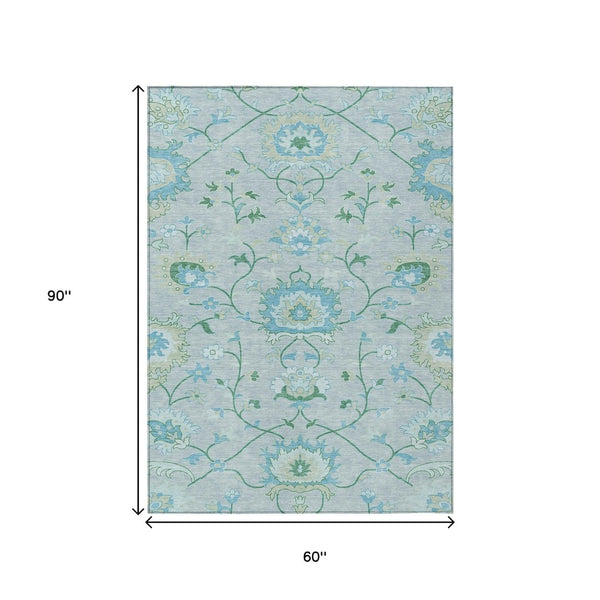 HomeRoots 5' Stylish Mint Green Floral Area Rug – Durable, Washable, Indoor/Outdoor Comfort for Any Space! 657974