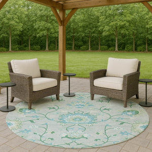 HomeRoots 8' Washable Mint Green Teal Blue Floral Round Area Rug for Indoor & Outdoor Spaces - Durable & Stylish 657975