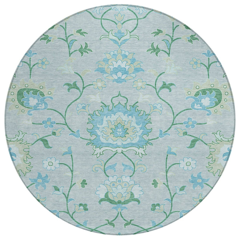 HomeRoots 8' Washable Mint Green Teal Blue Floral Round Area Rug for Indoor & Outdoor Spaces - Durable & Stylish 657975