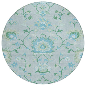 HomeRoots 8' Washable Mint Green Teal Blue Floral Round Area Rug for Indoor & Outdoor Spaces - Durable & Stylish 657975