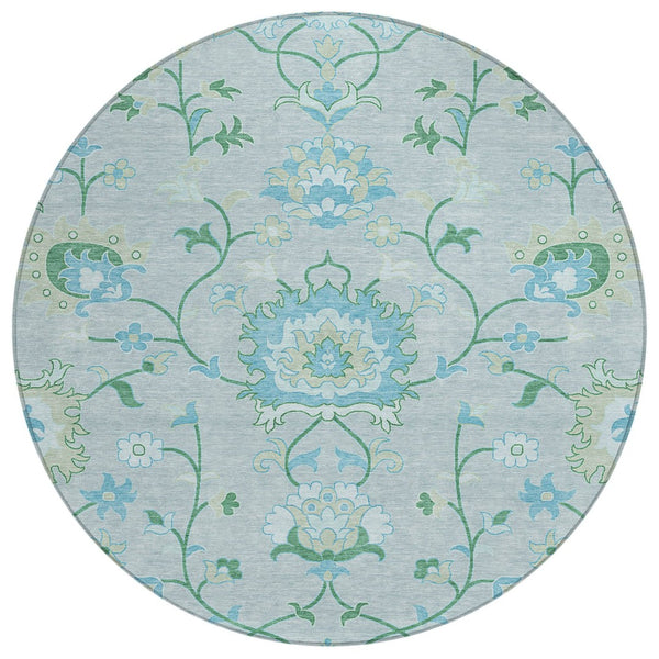 HomeRoots 8' Washable Mint Green Teal Blue Floral Round Area Rug for Indoor & Outdoor Spaces - Durable & Stylish 657975