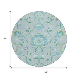HomeRoots 8' Washable Mint Green Teal Blue Floral Round Area Rug for Indoor & Outdoor Spaces - Durable & Stylish 657975