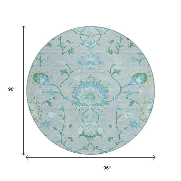 HomeRoots 8' Washable Mint Green Teal Blue Floral Round Area Rug for Indoor & Outdoor Spaces - Durable & Stylish 657975