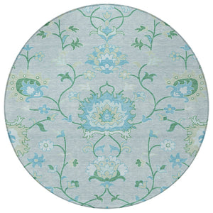 HomeRoots 8' Washable Mint Green Teal Blue Floral Round Area Rug for Indoor & Outdoor Spaces - Durable & Stylish 657975