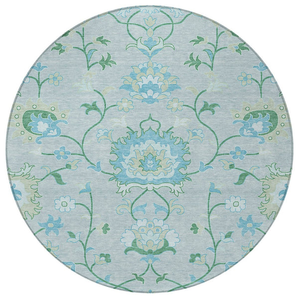 HomeRoots 8' Washable Mint Green Teal Blue Floral Round Area Rug for Indoor & Outdoor Spaces - Durable & Stylish 657975