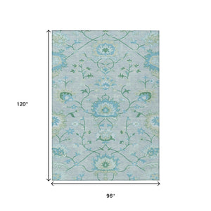 HomeRoots 8' X 10' Washable Floral Area Rug in Mint Green, Teal Blue & Ivory for Indoor/Outdoor Style & Durability 657976
